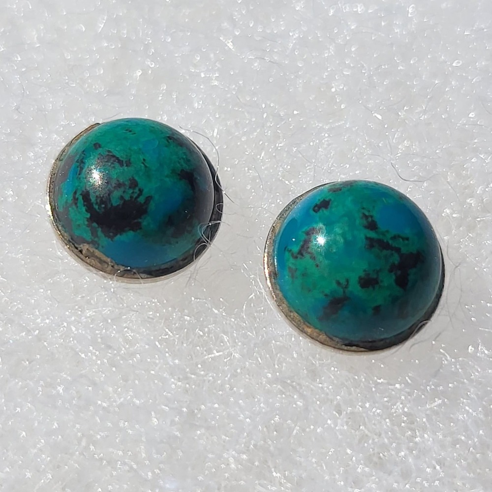 Vintage Sterling Silver Chrysocolla Cabochon Stud Earrings Small Teal Blue Black